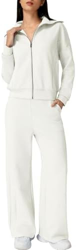 QINSEN Women's Cotton 2 Piece Outfits Lapel Long Sleeve Zip Up Sweatshirt Wide Leg Pants Matching... | Amazon (US)
