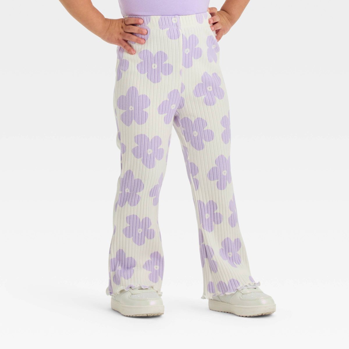 Grayson Mini Toddler Girls' Ribbed Daisy Printed Flare Pants - Purple | Target