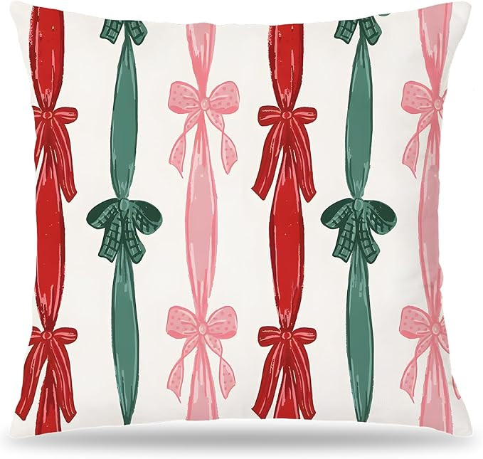 Christmas Bow Pillow Covers 18x18 Double-Sided, Coquette Pink and Green Ribbon Pillow Covers, Pre... | Amazon (US)