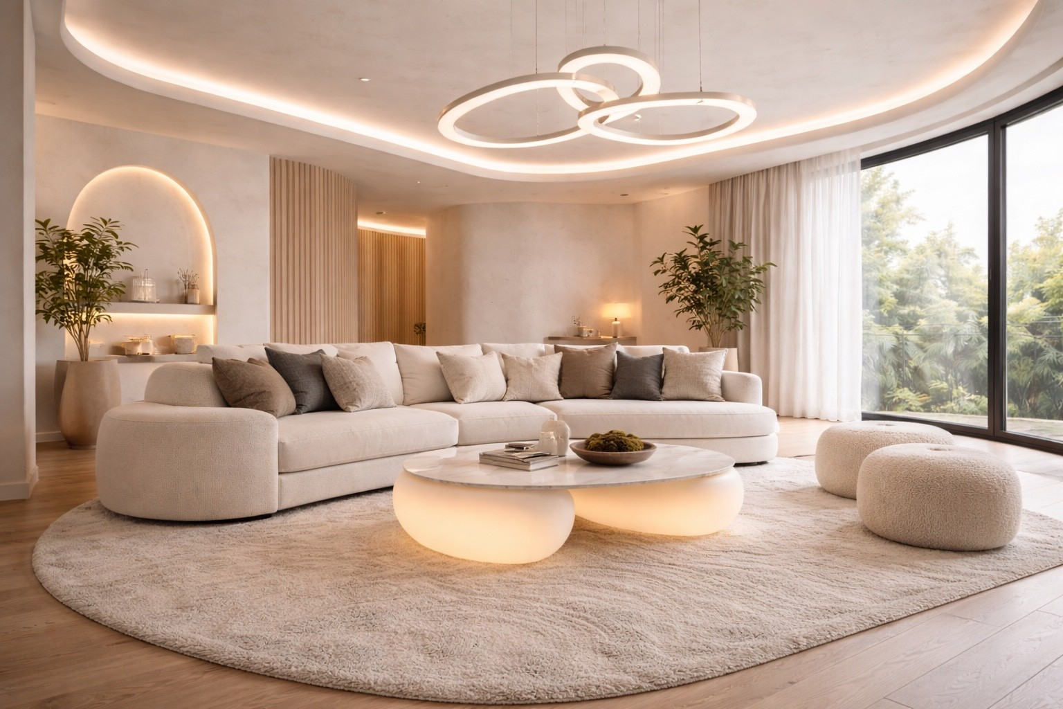 A modern futuristic living room designed in soft neutral tones with sculptural furniture, curved sofas, and warm LED lighting. The space features a statement round coffee table, plush modular seating, ambient ceiling lights, and a large window that fills the room with natural light. A perfect balance of cozy comfort and ultra-modern design — ideal inspiration for a high-end contemporary home.
Shop similar furniture, lighting, and decor through LTK 🤍
#livingroomdesign
#modernlivingroom
#futuristicinterior
#ledlighting
#cozymodern
#neutralinterior
#luxuryinterior
#interiorinspiration
#homedecor
#ltkinspo
#modernhome
#contemporarydesign

#LTKSaleAlert #LTKHome #LTKGiftGuide