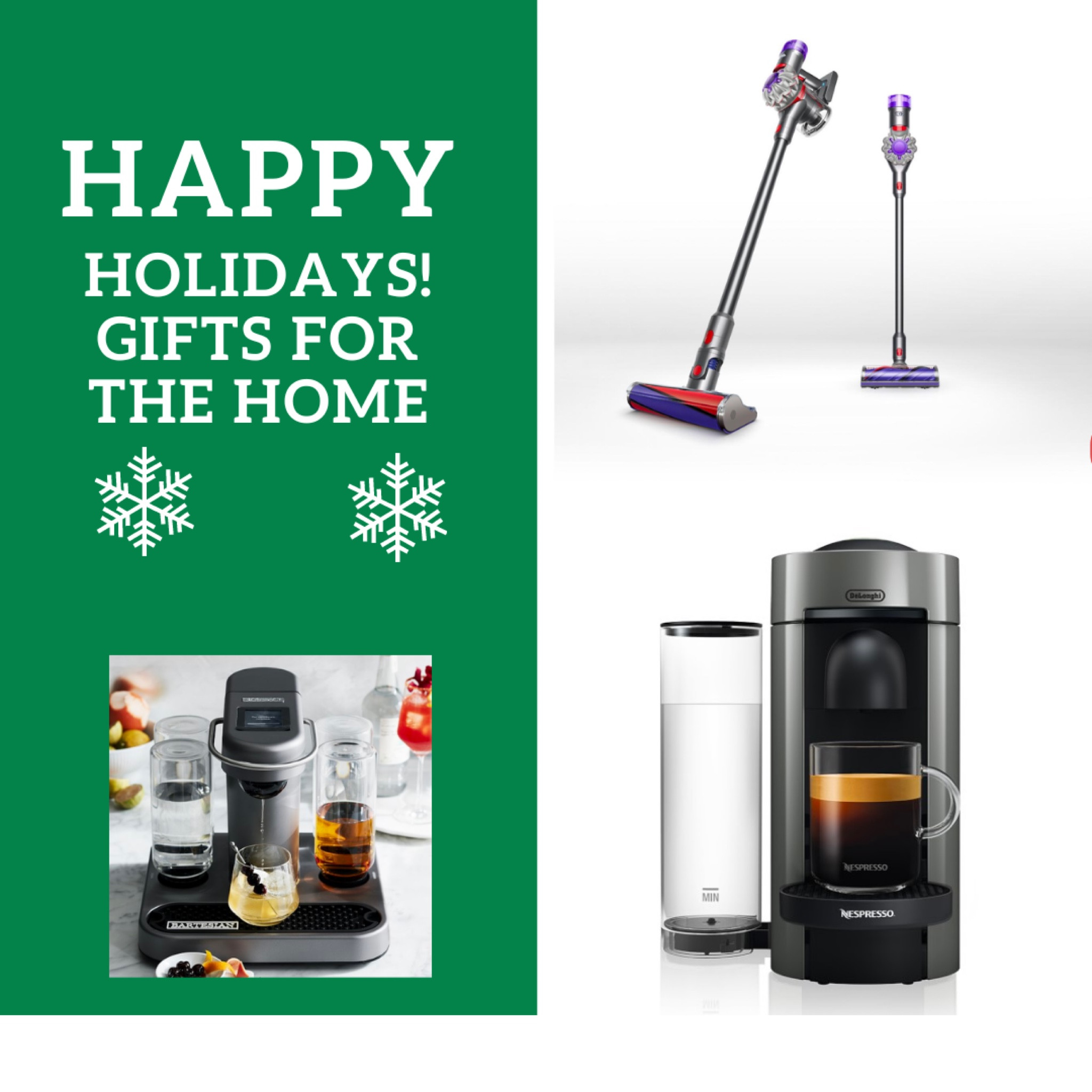 Gifts for the Home! Some of my favorite household items! The Dyson Cordless Vacuum is so easy to use and works great on both my hardwood floors and carpets. I now find it hard to be without my Nespresso Coffe Maker and my Bartesian Cocktail Maker. I wish I had portable ones to take on vacation with me!


#LTKHoliday #LTKhome #LTKSeasonal