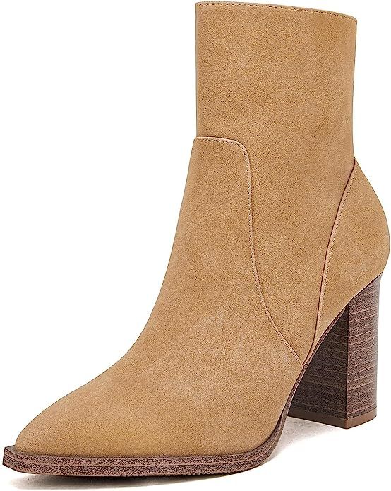 LAICIGO Women's Pointed Toe Ankle Boots Chunky Stacked Heel Side Zipper Faux Leather Ankle Bootie... | Amazon (US)