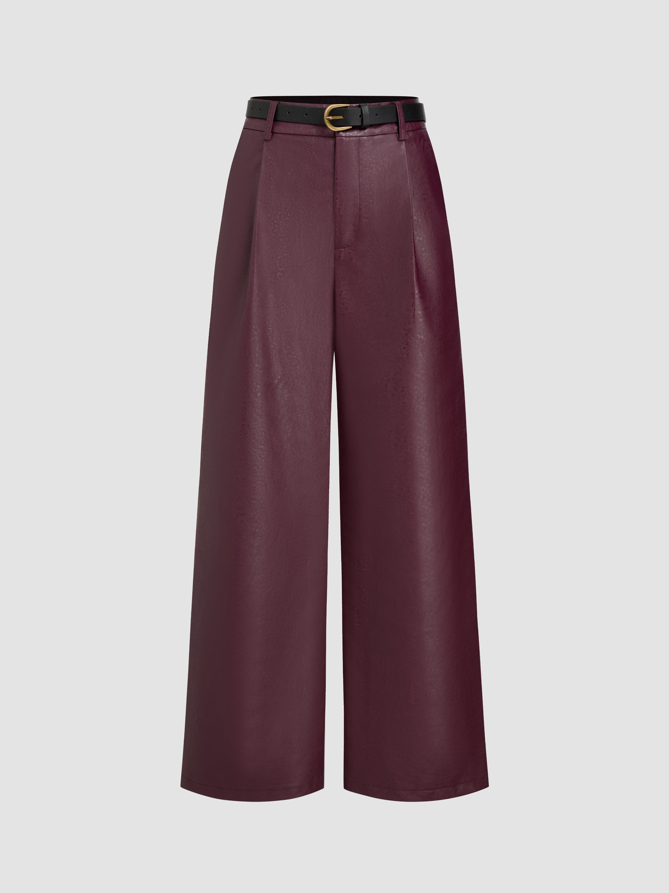 Faux Leather Faux Leather Mid Rise Pleated Wide Leg Pants With Belt For Daily Casual | Cider