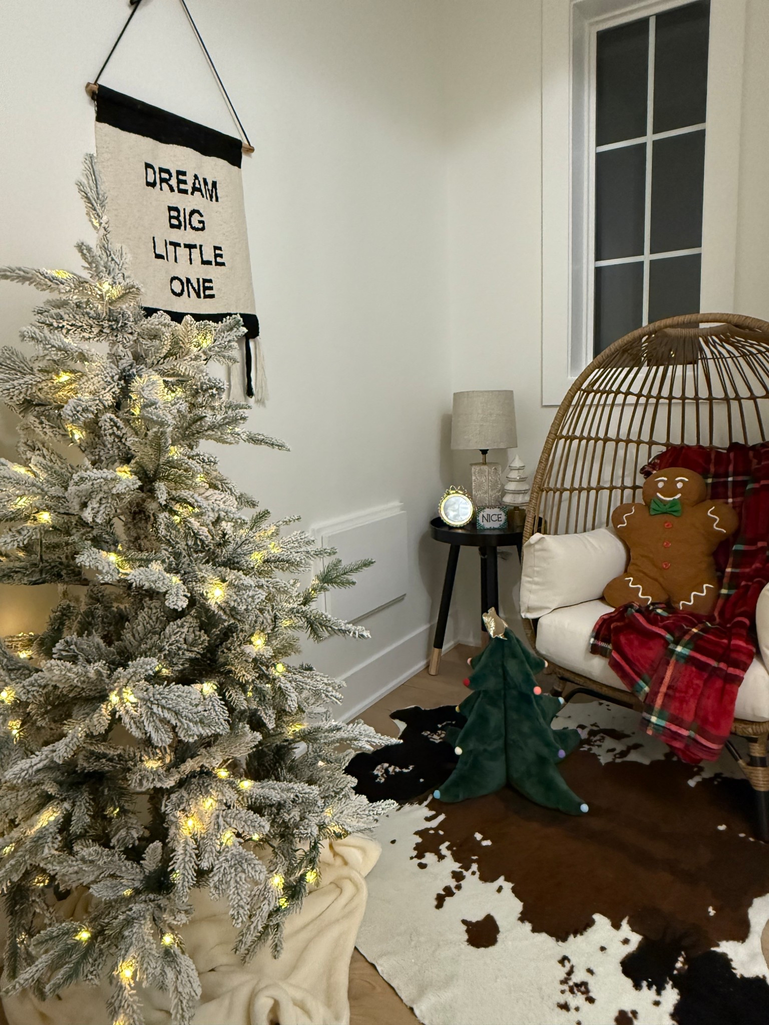 Kids Christmas decor zone! 4.5 foot flocked Christmas tree with various light settings! Kids holiday fun throw pillows! Egg chair! 

#LTKKids #LTKSeasonal #LTKHoliday