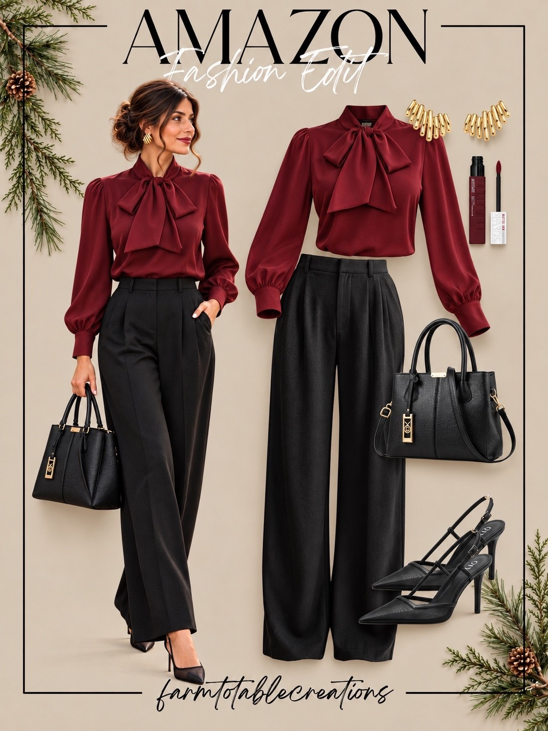 Amazon Office Christmas Party Outfit ❤️🖤

This office Christmas party outfit is polished, festive, and still perfectly work-appropriate. The rich burgundy bow blouse feels instantly holiday-ready, while the black wide-leg trousers keep everything sleek and sophisticated.

Finish the look with pointed black heels, a structured black handbag, gold statement earrings, and a berry-toned lip for an easy outfit that works beautifully for an office party, holiday dinner, or after-work celebration.

Follow @farmtotablecreations on Instagram for more cozy home finds and trending decor.

#LTKStyle #LTKFashion #AmazonFashion #AmazonFinds #AmazonStyle #OfficeChristmasParty #HolidayWorkwear #ChristmasPartyOutfit #WorkPartyStyle #HolidayOutfit #FestiveWorkwear #WideLegPants #BurgundyBlouse #WinterFashion #HolidayStyle

#LTKSeasonal #LTKOver40 #LTKmomlife