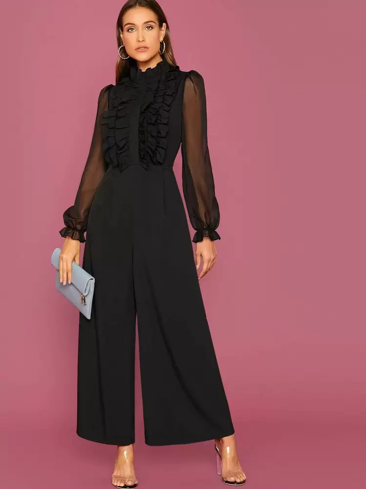 Modelyn Frill Trim Sheer Long Sleeve Black Elegant Wide Leg Jumpsuit | SHEIN