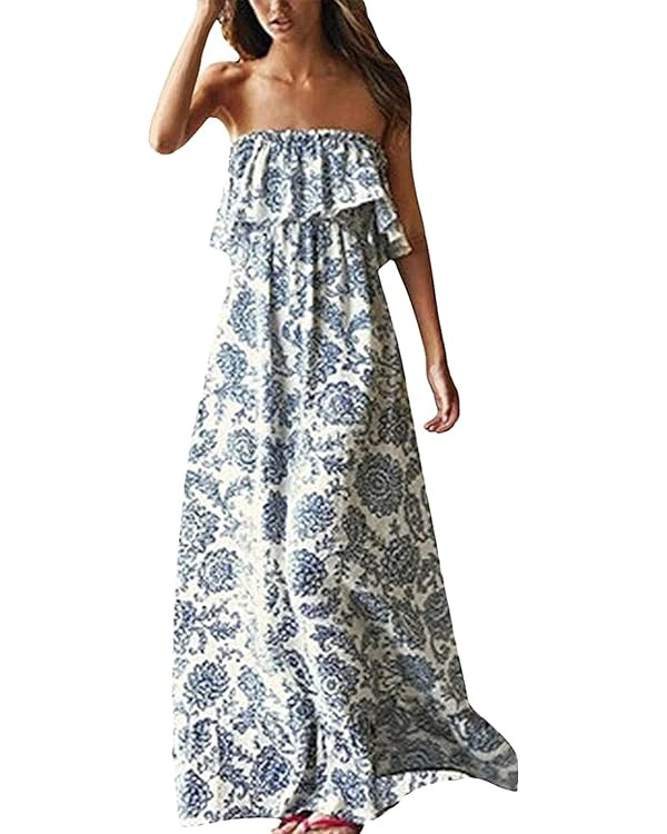 ZMPSIISA Women's Summer Off The Shoulder Maxi Dress Ruffle Strapless Blue White Porcelain Boho Ca... | Amazon (US)
