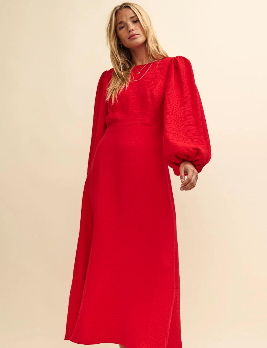 Red Balloon Sleeve Zora Midi Dress | Nobody's Child