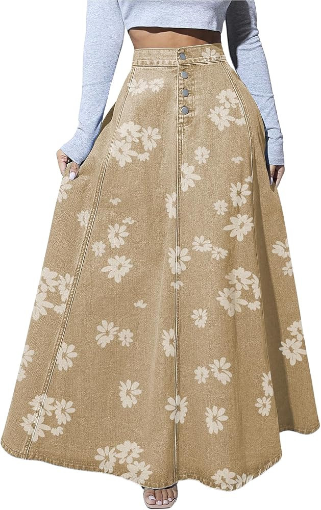 ebossy Women's Retro High Waisted Button Fly Flared Long Jean Skirts Pleated Flowy Swing A-line D... | Amazon (US)
