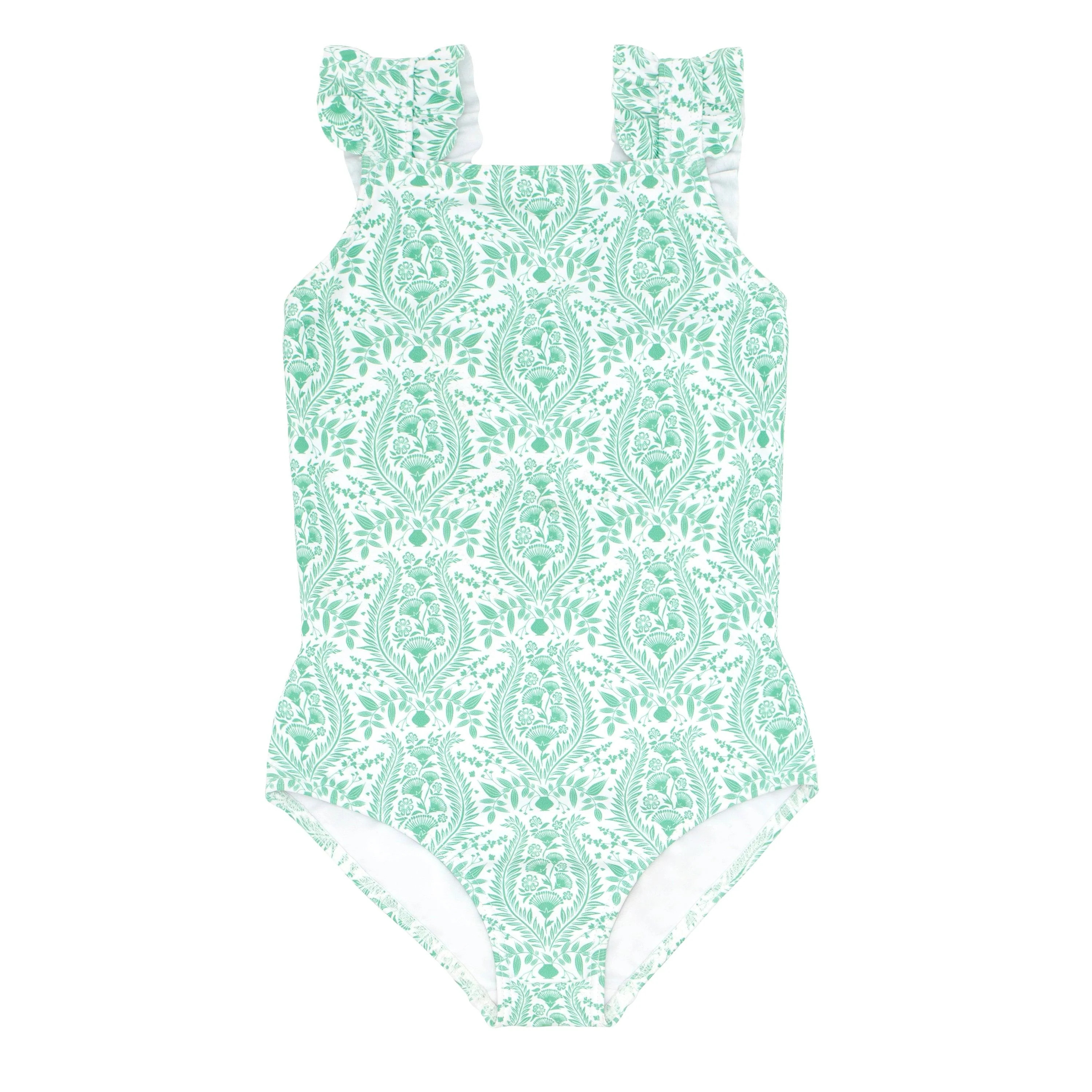 girls abaco green paisley ruffle strap one piece | minnow