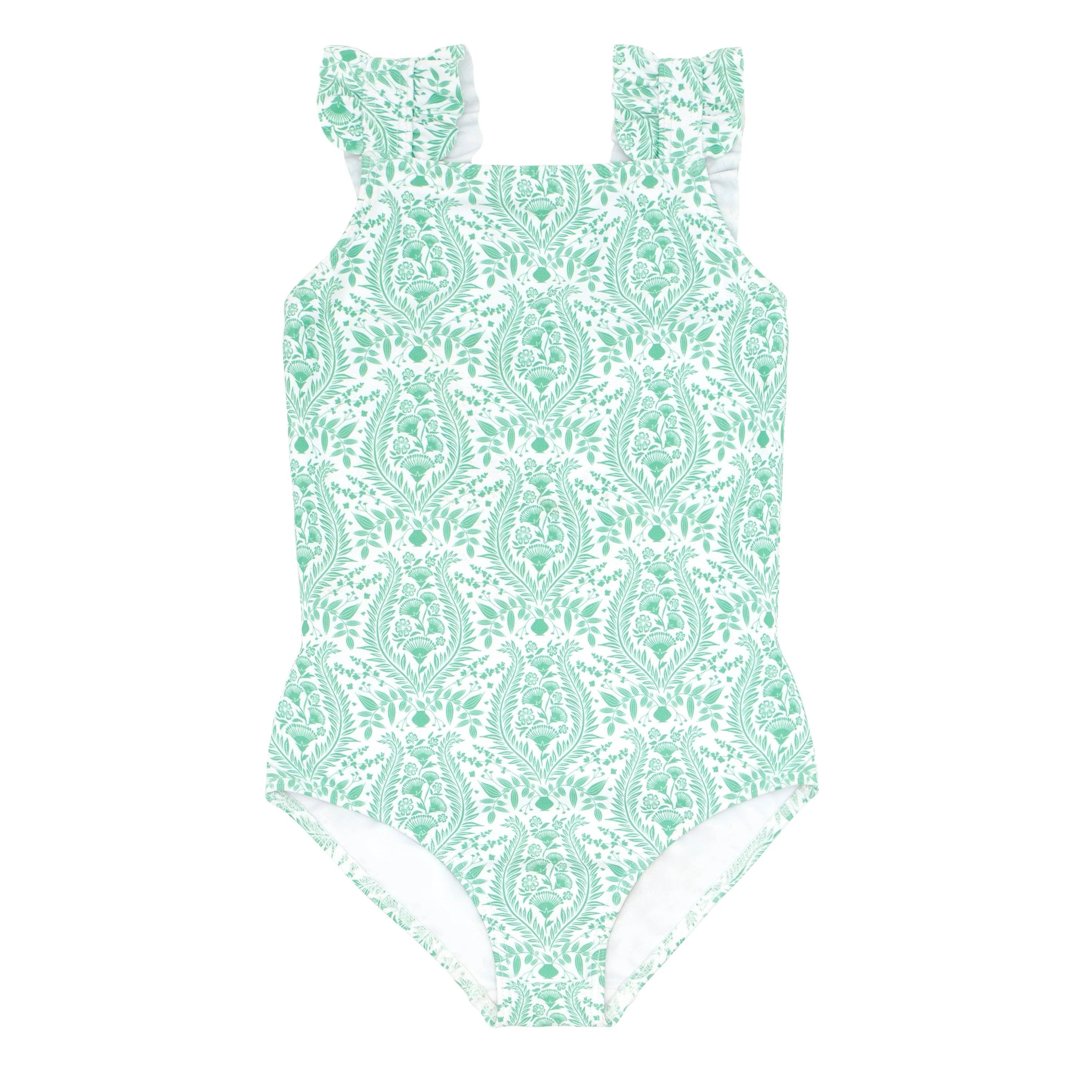 girls abaco green paisley ruffle strap one piece | minnow