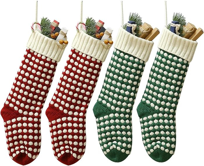 Christmas Stockings 4 Pack,18" Unique Burgundy and Green Knit Christmas Stockings Dots Style (Len... | Amazon (US)