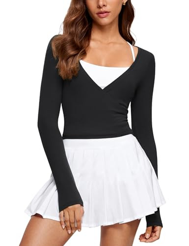Womens V-Neck Long Sleeve Cross Wrap Top Slim Fit Soft Knit Layering Shirt Casual Yoga Gym Bandag... | Amazon (US)