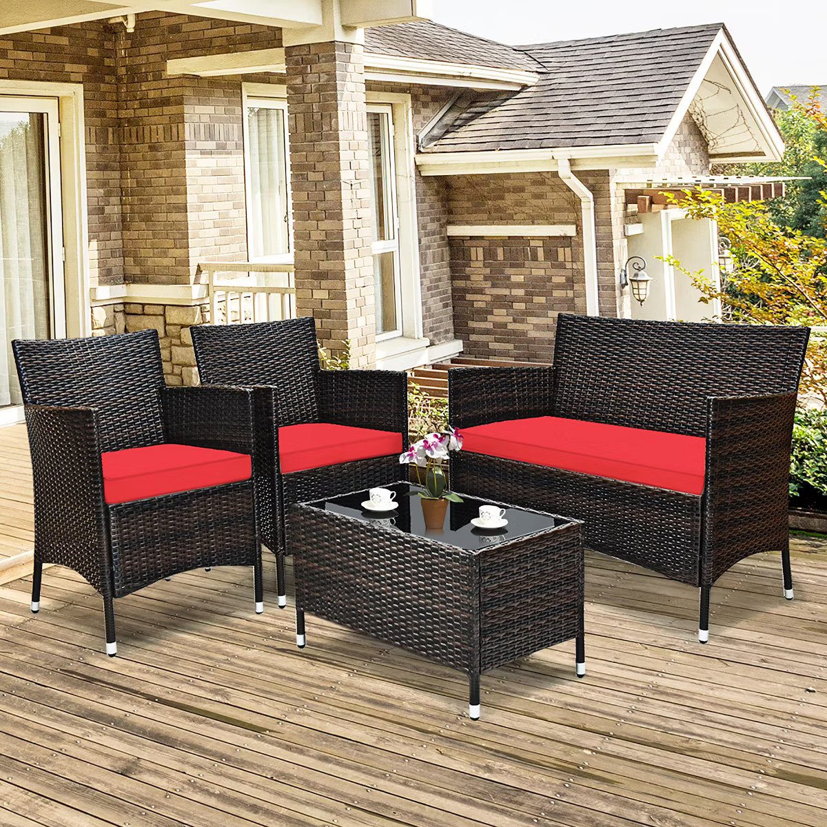 Costway 4PCS  Patio Furniture Set  Rattan Conversation Set W/ Tempered Glass Coffee Table Cushion... | Target