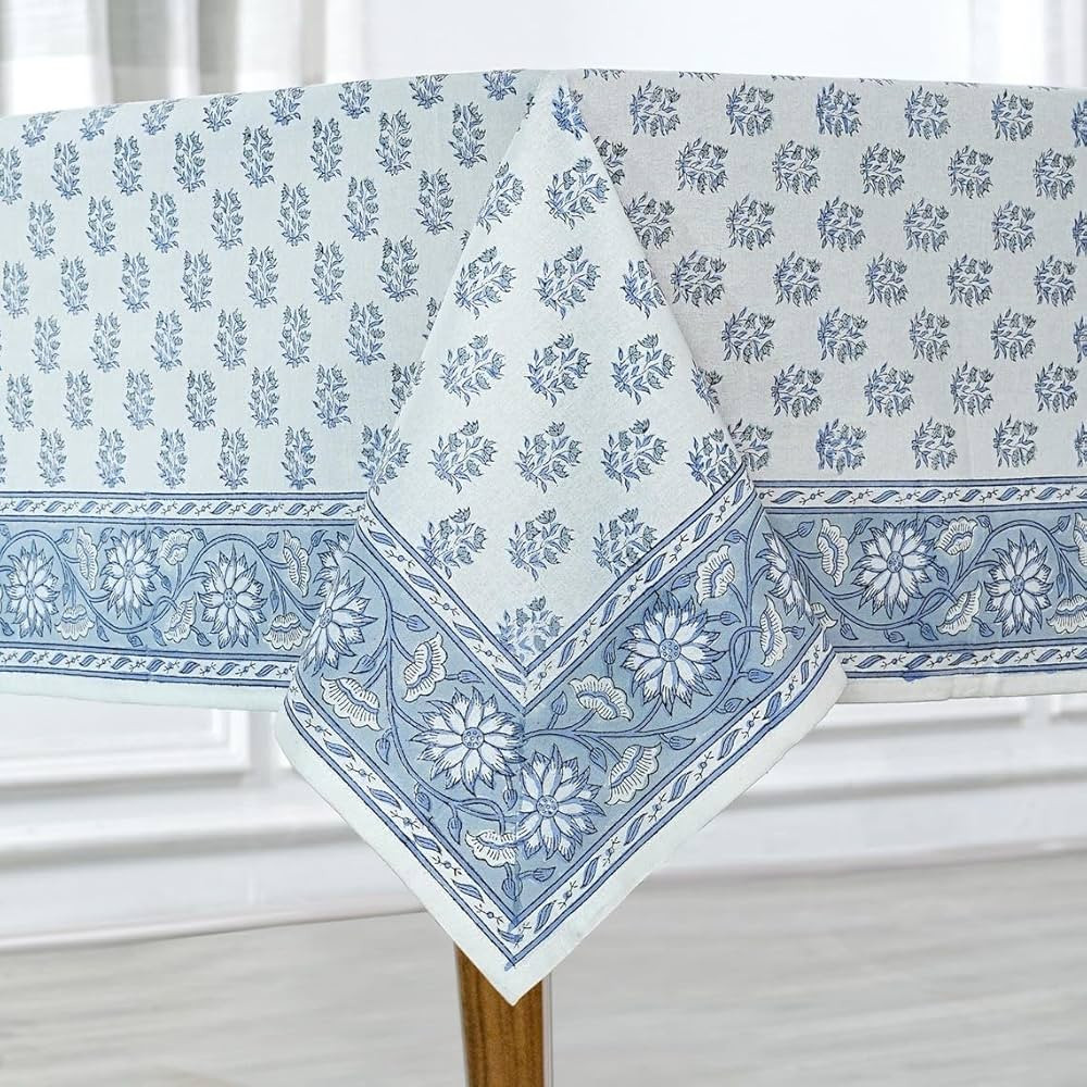 Ridhi Sky Beau Blue Grand Millennial Décor 100% Cotton Summer Tablecloth, Block Print Rectangle ... | Amazon (US)