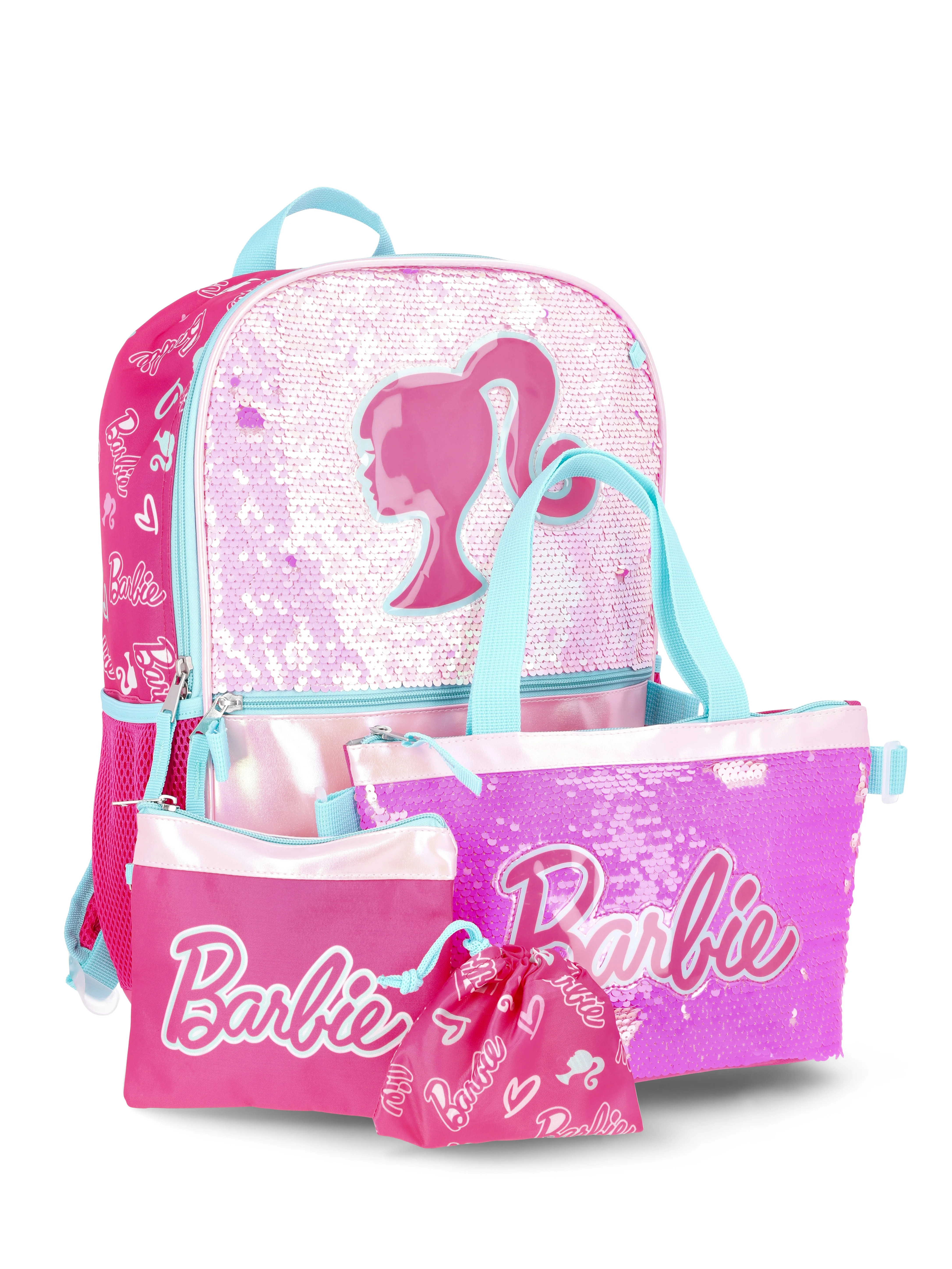 Barbie Girls 17" Sequin Backpack, Lunch Box, Coin Pouch, and Tote Set, 4-Piece, Pink | Walmart (US)