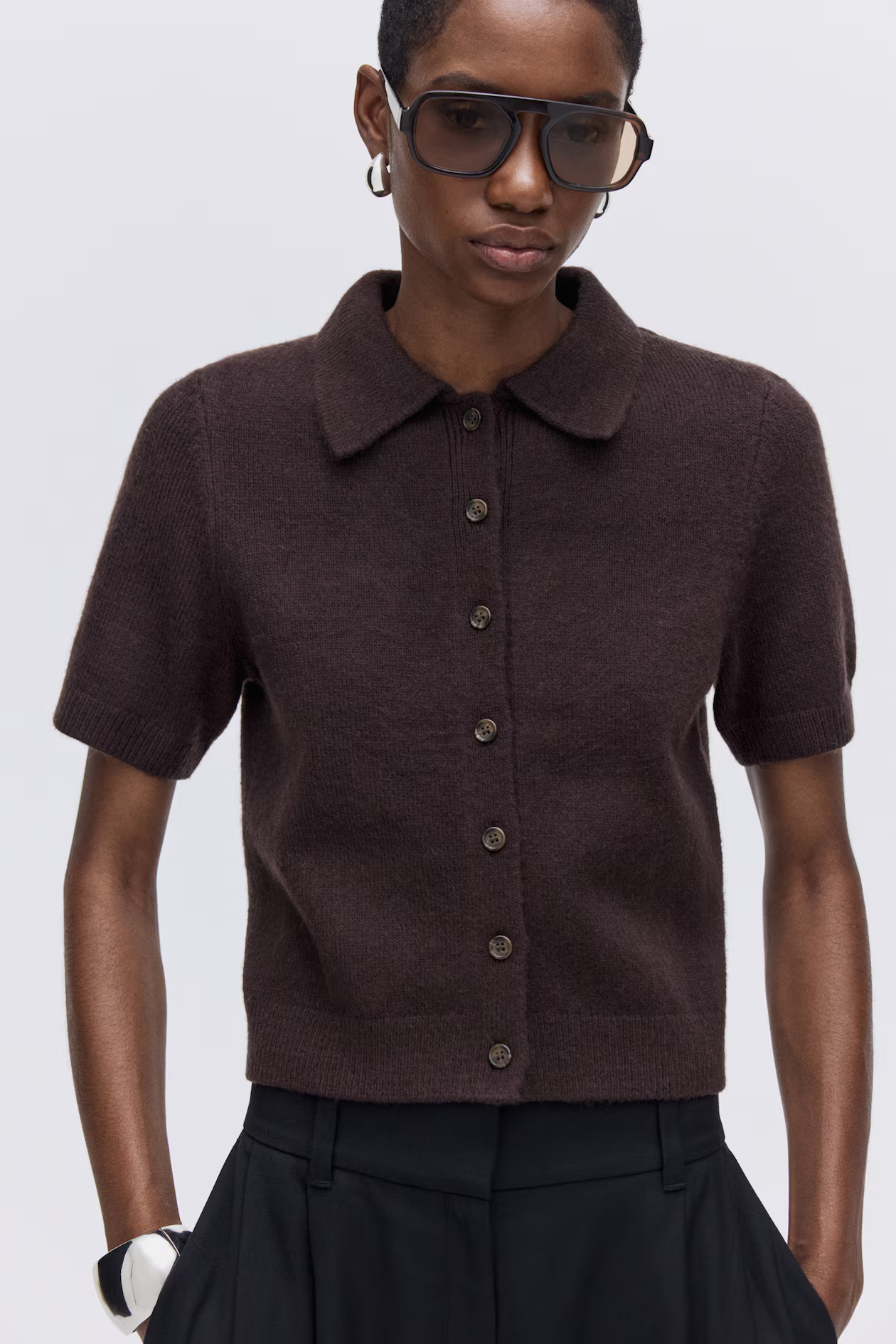 Short-Sleeved Cardigan with Collar - Dark brown - Ladies | H&M US | H&M (US + CA)