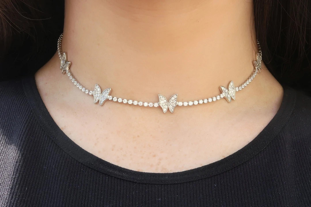 Sterling Silver Butterfly Tennis Choker Necklace, CZ Tennis Butterfly Necklace, Butterfly Necklac... | Etsy (US)