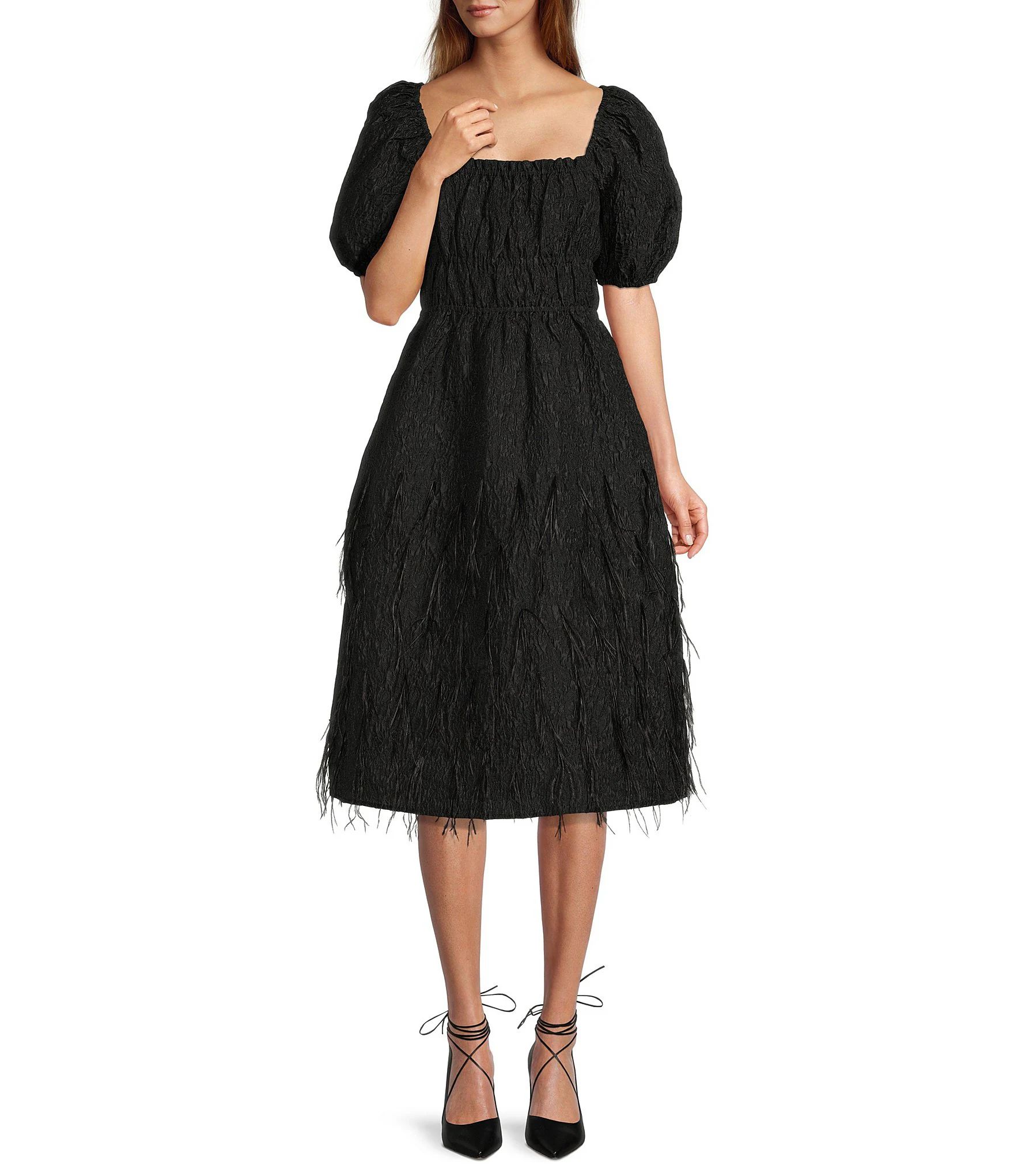 Abigail Square Neck Short Sleeve Smocked Feather Detail Midi Dress | Dillard's