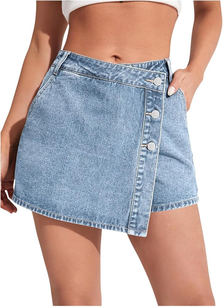 WDIRARA Women's High Waisted Button Front Denim Skort Asymmetrical Hem Skirt Shorts | Amazon (US)