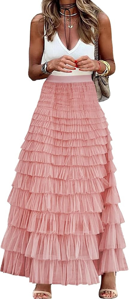 Womens Long Maxi Tulle Skirt A Line Ruffle Mesh High Waisted Tiered Layered Skirts Petticoat | Amazon (US)