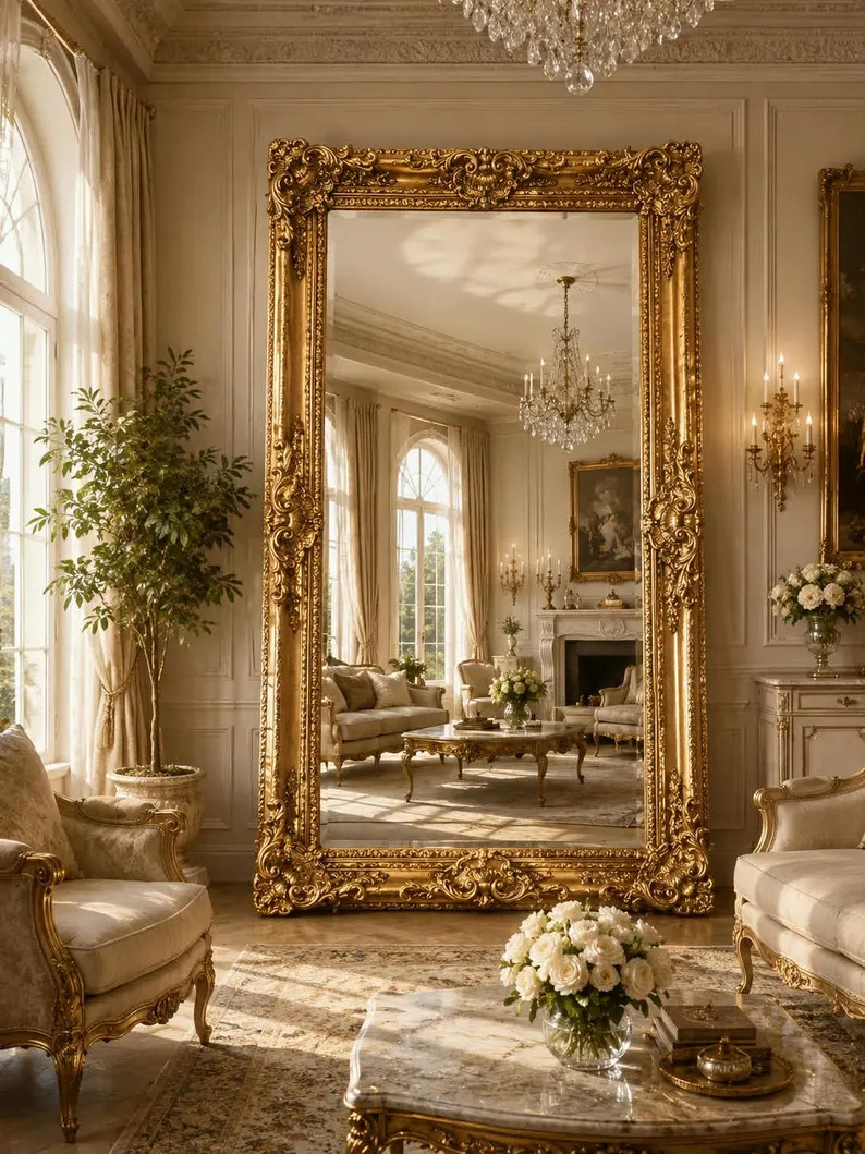 Grand Baroque Gold Leaf Floor Mirror: Ornate Beveled Edge, 86x48 Inches | Etsy (Global)