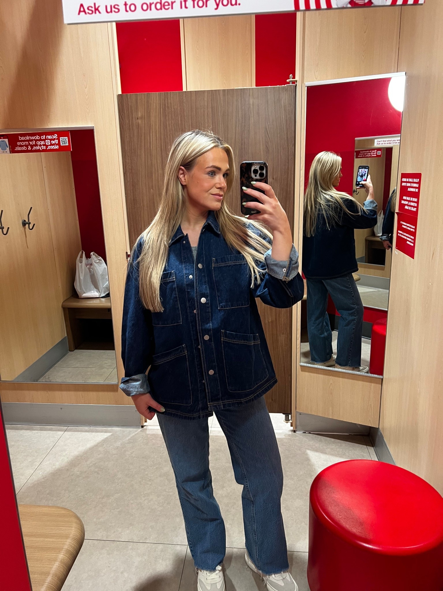 Oversized target jean jacket; runs big, wearing size small!