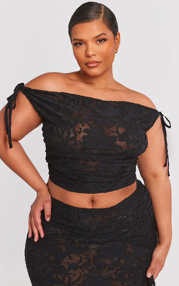 Plus Black Textured Off Shoulder Crop Top | PrettyLittleThing UK