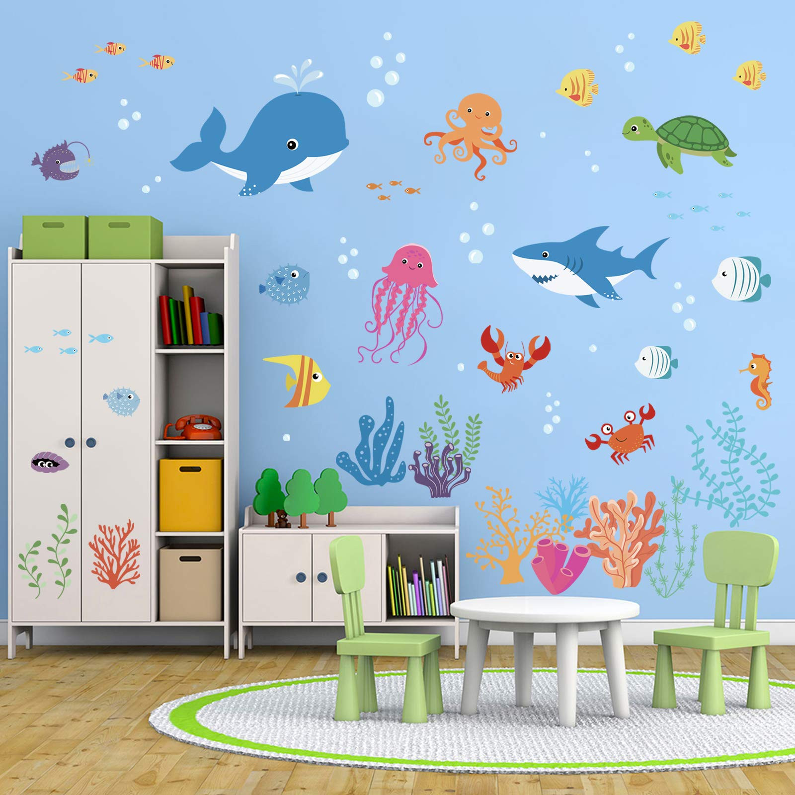 decalmile Under The Sea Dolphin Fish Wall Decals Vinyl Peel and Stick Kids Room Wall Stickers Baby Nursery Childrens Bedroom Bathroom Wall Decor | Amazon (US)