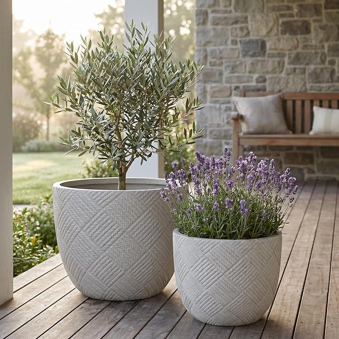 Set of 2 Large Oxide Magnesium Concrete Planters (15" & 18") - Round Grey Rustic Flower Pots with... | Amazon (US)