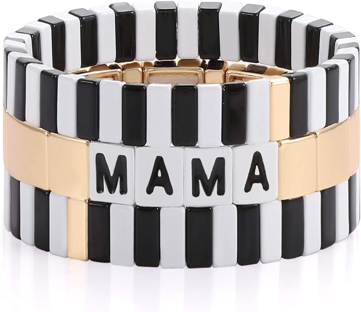 HZEYN Mothers Day Gift Tile Bracelet MAMA Enamel Colorblock Tile Bead Bracelet Stackable Sweet Ma... | Amazon (US)