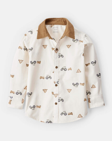 Toddler Boy Tractor Print Cotton Long-Sleeve Button Down Shirt - White | Carter's Inc