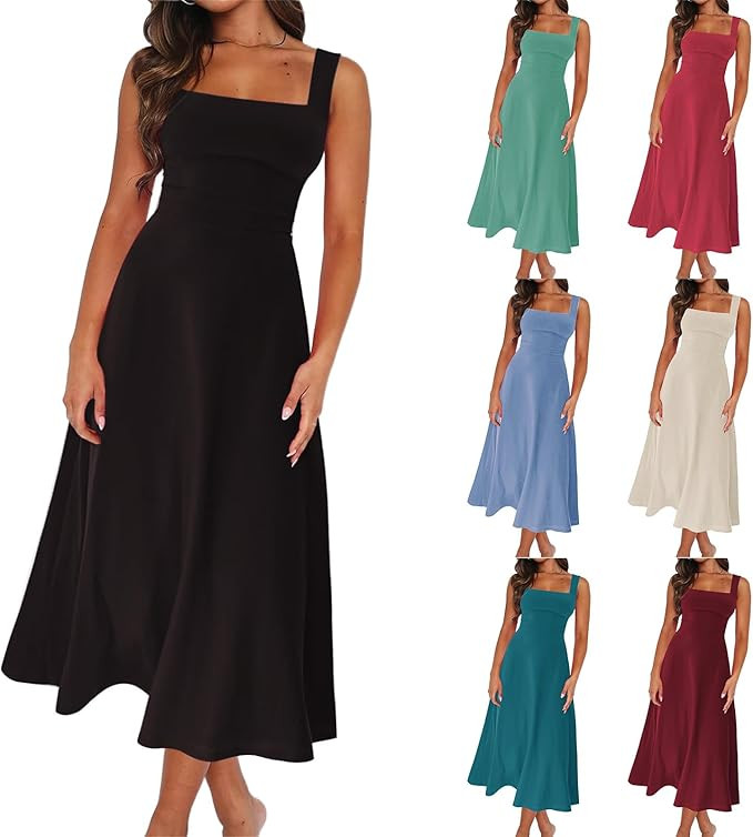 Womens Summer Formal Dresses Elegant Sleeveless A Line Square Neck Flowy Swing Solid Long Dress W... | Amazon (US)
