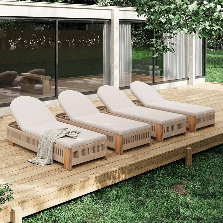 Merax 4-Piece Outdoor Chaise Lounge Chair with Adjustable Backrest & Waterproof Cushion - Acacia ... | Amazon (US)