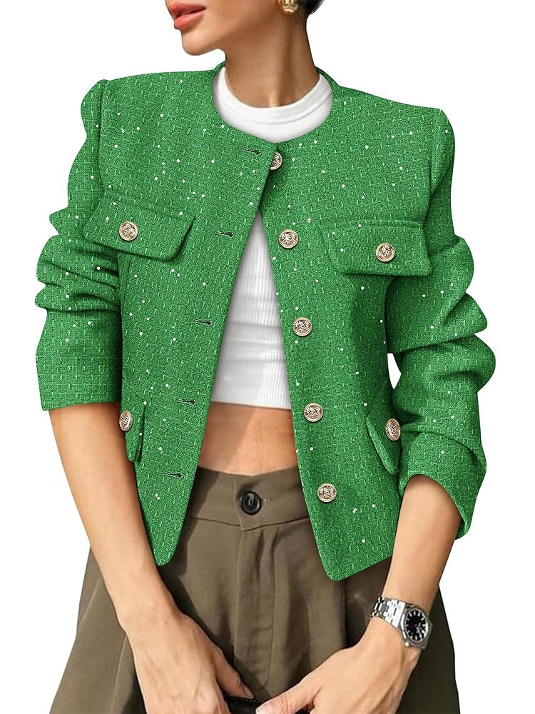 Women's Tweed Blazers Trendy Fall Casual Collarless Button Down Sequin Tops Cropped Jackets with ... | Amazon (US)