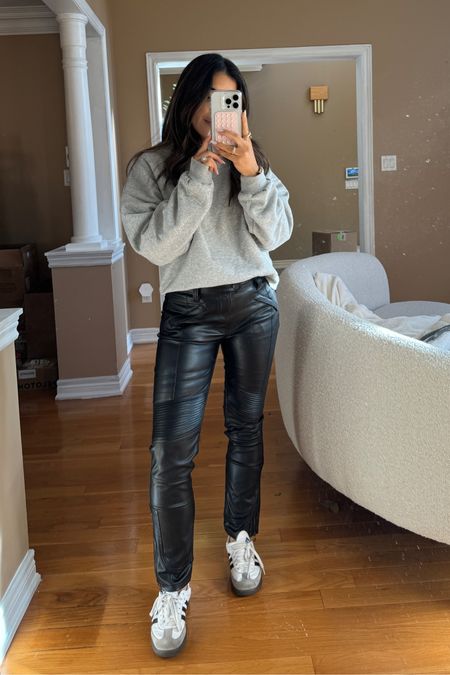I’m wearing a size small regular in the sweater and a size 26 
Regular in the faux leather bottoms 
You can stock code add-on for an additional 20% off

#LTKCyberWeek