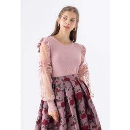 Lace-Adorned Mesh Sleeve Knit Top in Pink | Chicwish