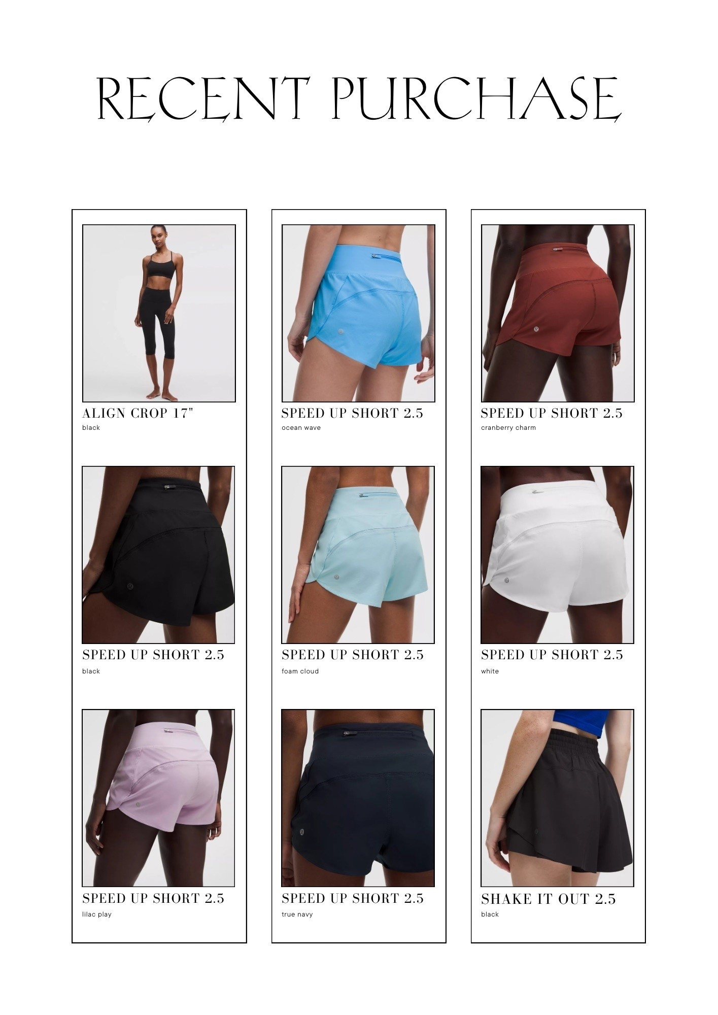 recent lululemon purchases
- speed up shorts 2.5”
- shake it out running shorts
- align high rise crop 17”