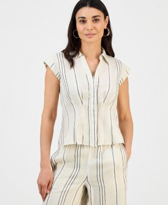 Petite Printed Short-Sleeve Collared Button-Up Blouse | Macy's