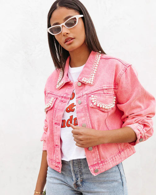 Belinda Pearl Embellished Denim Jacket - Pink | VICI