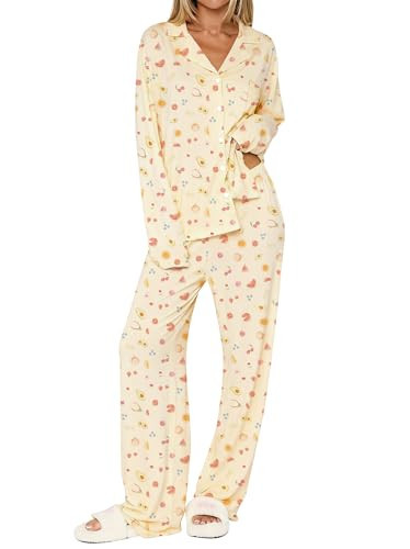 Dressmine Cute Pajama Sets for Women Long Sleeve 2 Piece Cute Pjs Trendy Lounge Pants V Neck Button Up Shirts Yellow L | Amazon (US)