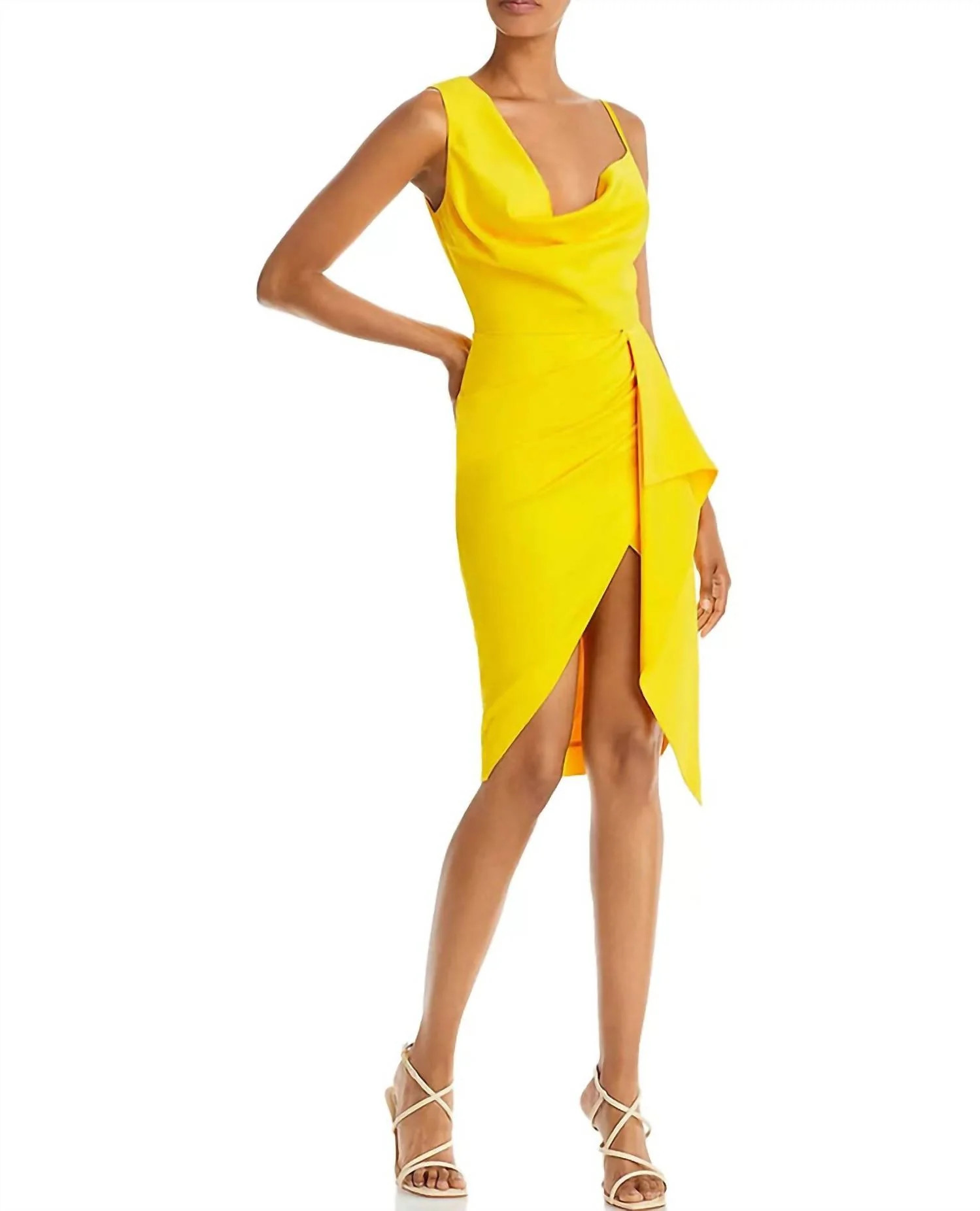 Asymmetrical Cowl Neck Dress In Yellow | Shop Simon