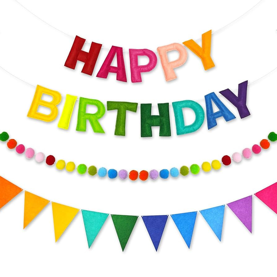 CANREVEL Pre-Strung 3D Happy Birthday Banner, 3 PCS Rainbow Happy Birthday Felt Garland, Pom Pom ... | Amazon (US)