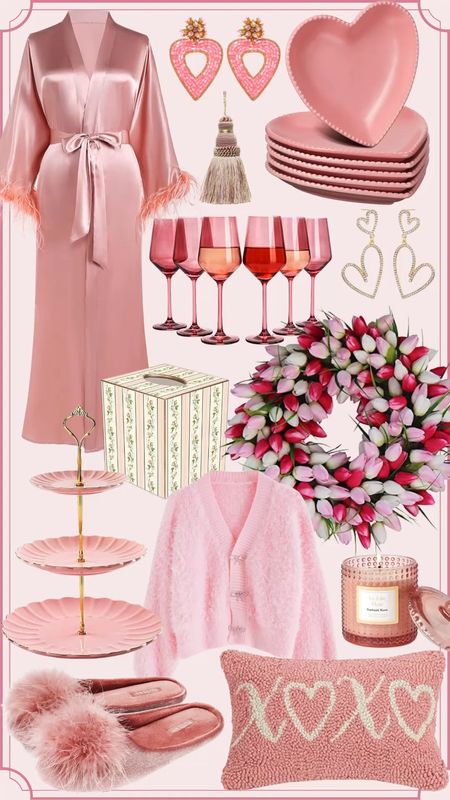 Pink favorites
All things pink
Valentine’s Day 
Pink robe
Feather robe
Pink wine glasses
Tulip wreath
Pink serving ware 
Block print tissue box cover
Pink needlepoint pillow
Heart earrings
Pink heart earrings
Pink heart plates
Pink plates
Pink sweater
Pink fuzzy sweater
Pink sweater with bows
Pink tassel
Pink Feng shui tassel
Fuzzy slippers

#LTKhome #LTKshoecrush #LTKstyletip