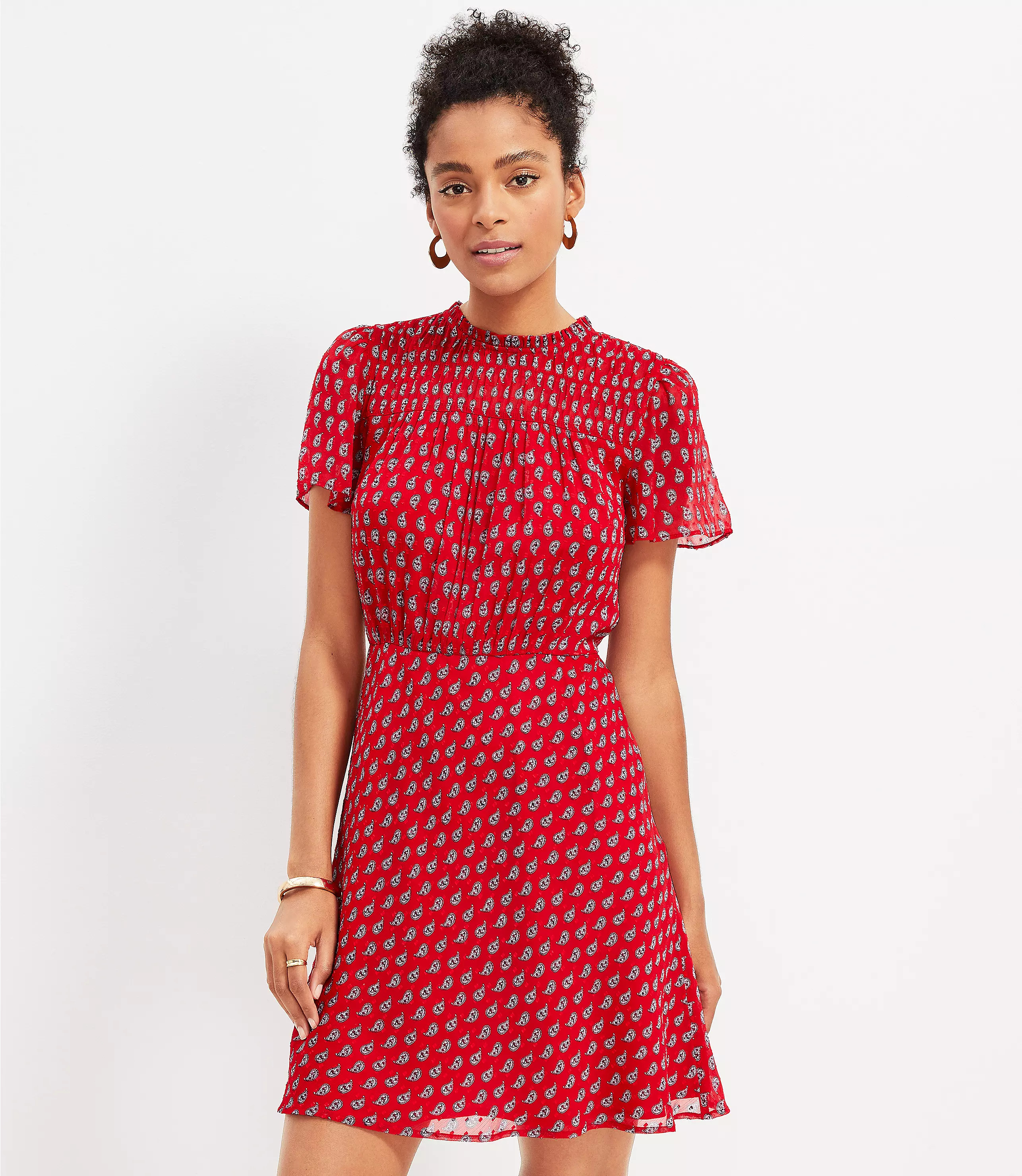 Paisley Clip Smocked Yoke Flare Dress | LOFT