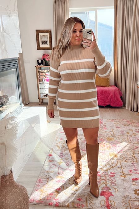 curvy fall outfit! wearing size xl in tan and white striped soft sweater dress! love how it fits! 

#LTKunder100 #LTKcurves #LTKSeasonal