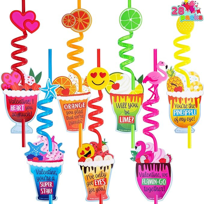 JOYIN 28 Pack Valentines Day Gift Cards with Colorful Loop Reusable Drinking Straws for Valentine... | Amazon (US)