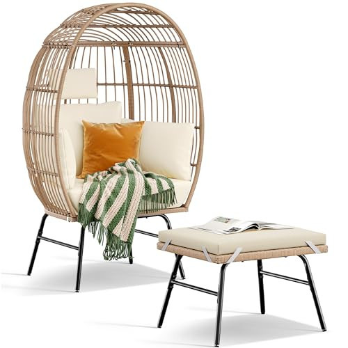 DWVO Rattan Egg Chair with Ottoman, Indoor Outdoor Egg Shape Wicker Chair for Patio, Backyard, Living Room, Basket Chair w/Footrest, 5 Cushions, 450lb Capacity, 38in Width, Steel Frame (Beige) | Amazon (US)