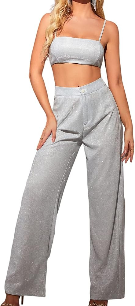 Colysmo Women's Two Piece Outfit Sparkle Sequin Sleeveless Cami Crop Top Bling Glitter High Waist... | Amazon (US)