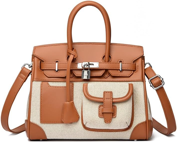 Canvas and Leather Satchel Handbag with Lock Closure, Top Handle Shoulder Bag with Crossbody Stra... | Amazon (US)